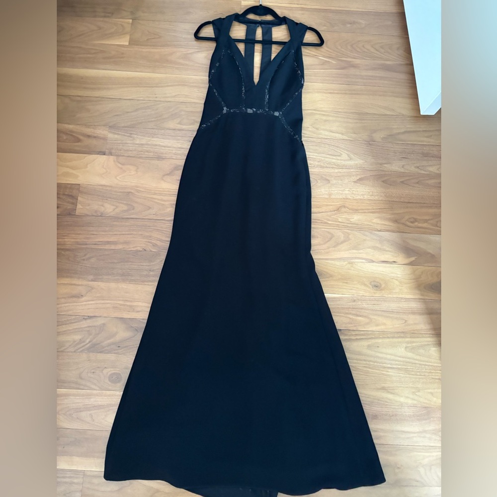 BCBGMaxAzria black crepe gown with lace details, strappy back, size 2